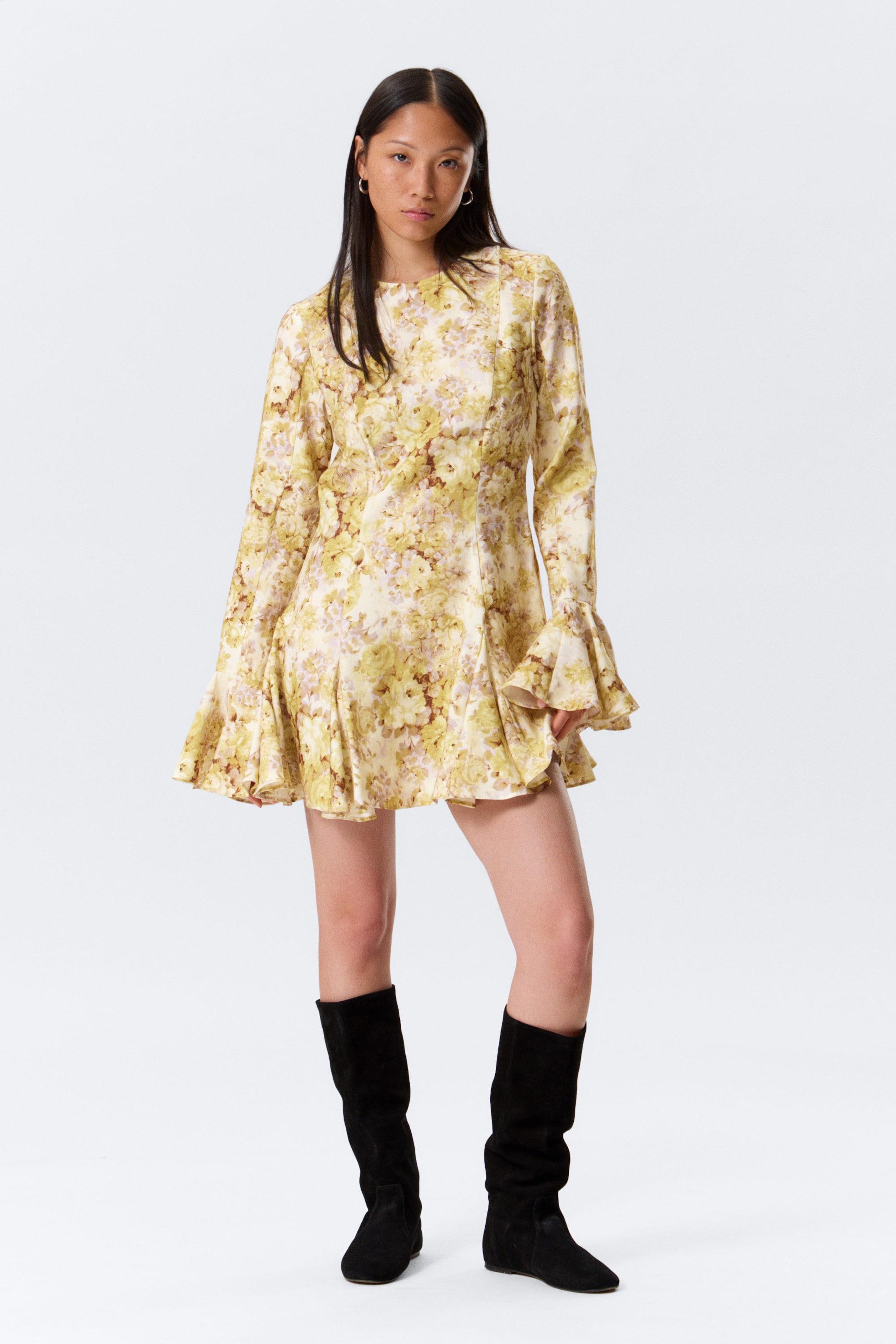 Yellow Floral Print - Slim Long-Sleeved Mini Flounce Dress - 1