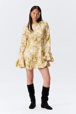 Yellow Floral Print - Slim Long-Sleeved Mini Flounce Dress - 0