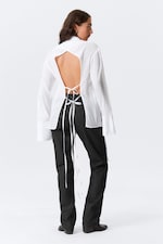 White - Long-Sleeved Open Back Tie Shirt - 3