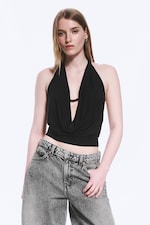 Schwarz - Ärmelloses Wasserfall-Top - 0