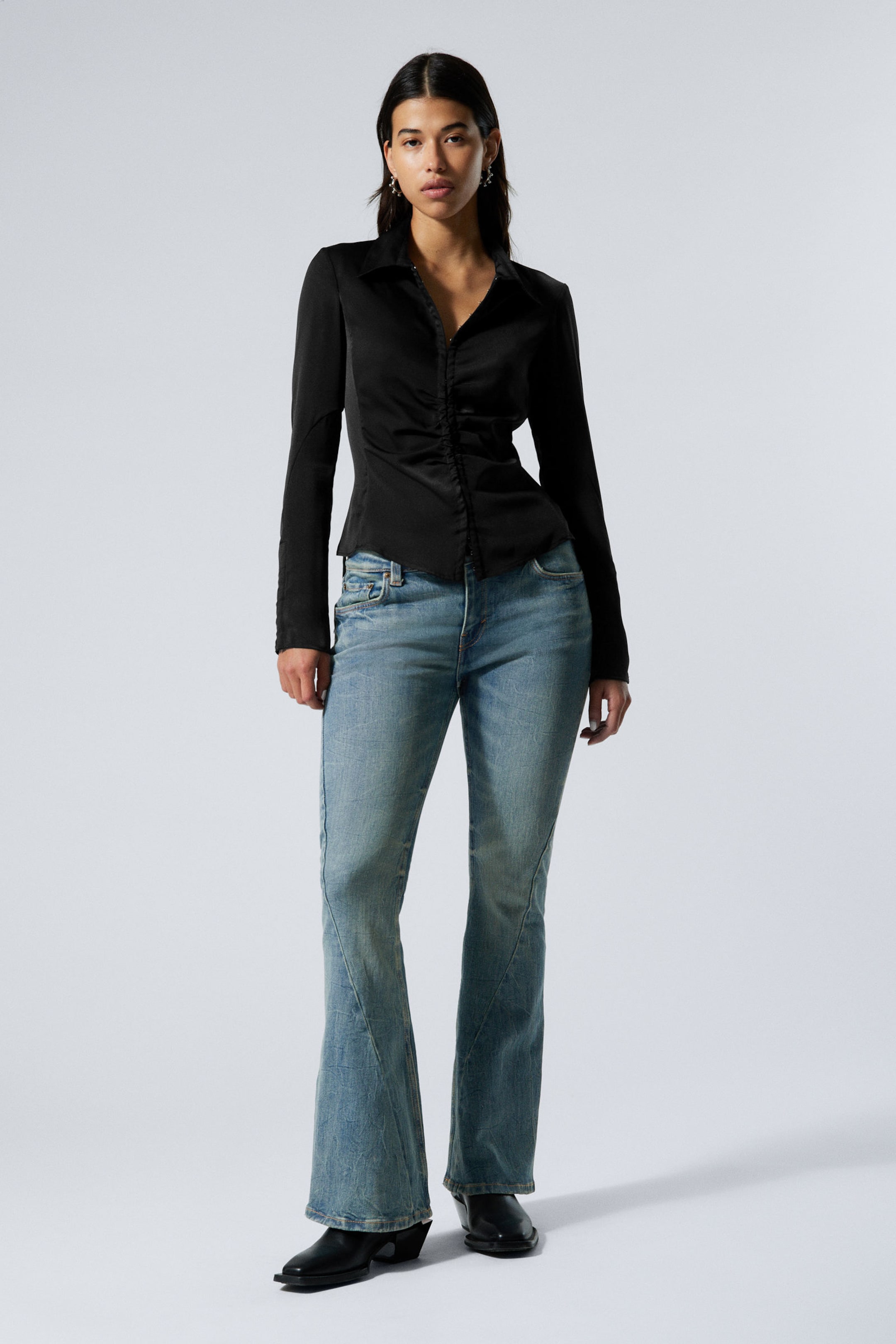 Black - Long-Sleeved Fitted Satin Shirt - 2