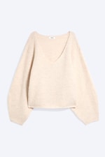 Beige - Oversized Knitted V-Neck Sweater - 3