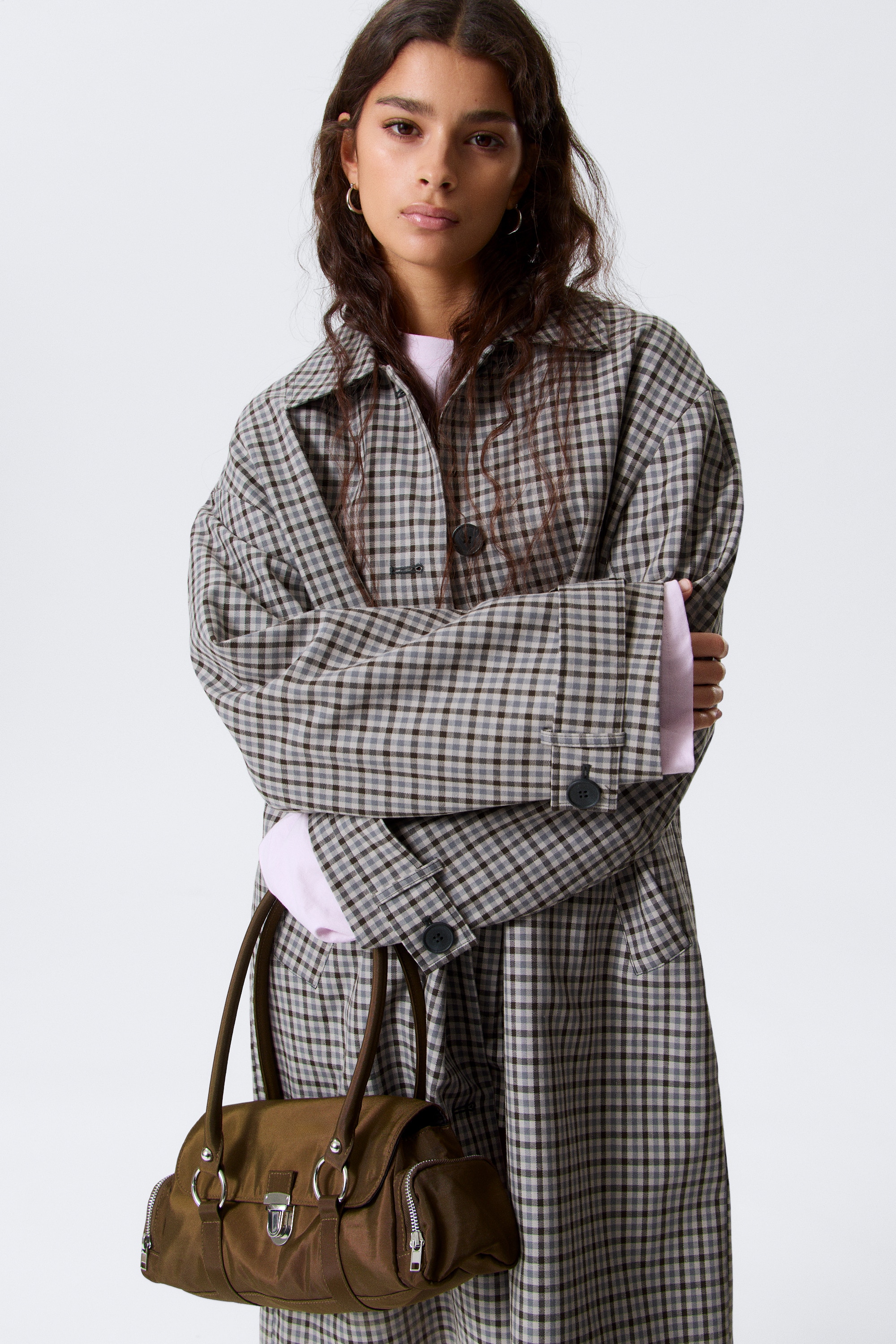 Relaxed Single-Breasted Car Coat - Checked Grey/Beige/Dusty Mole