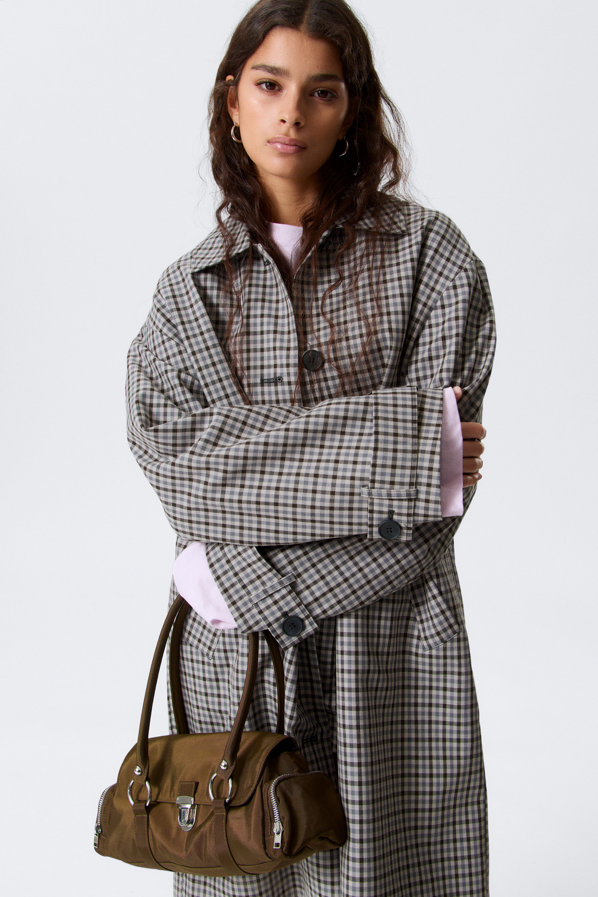 Grau kariert - Locker geschnittener, einreihiger Car-Coat - 0