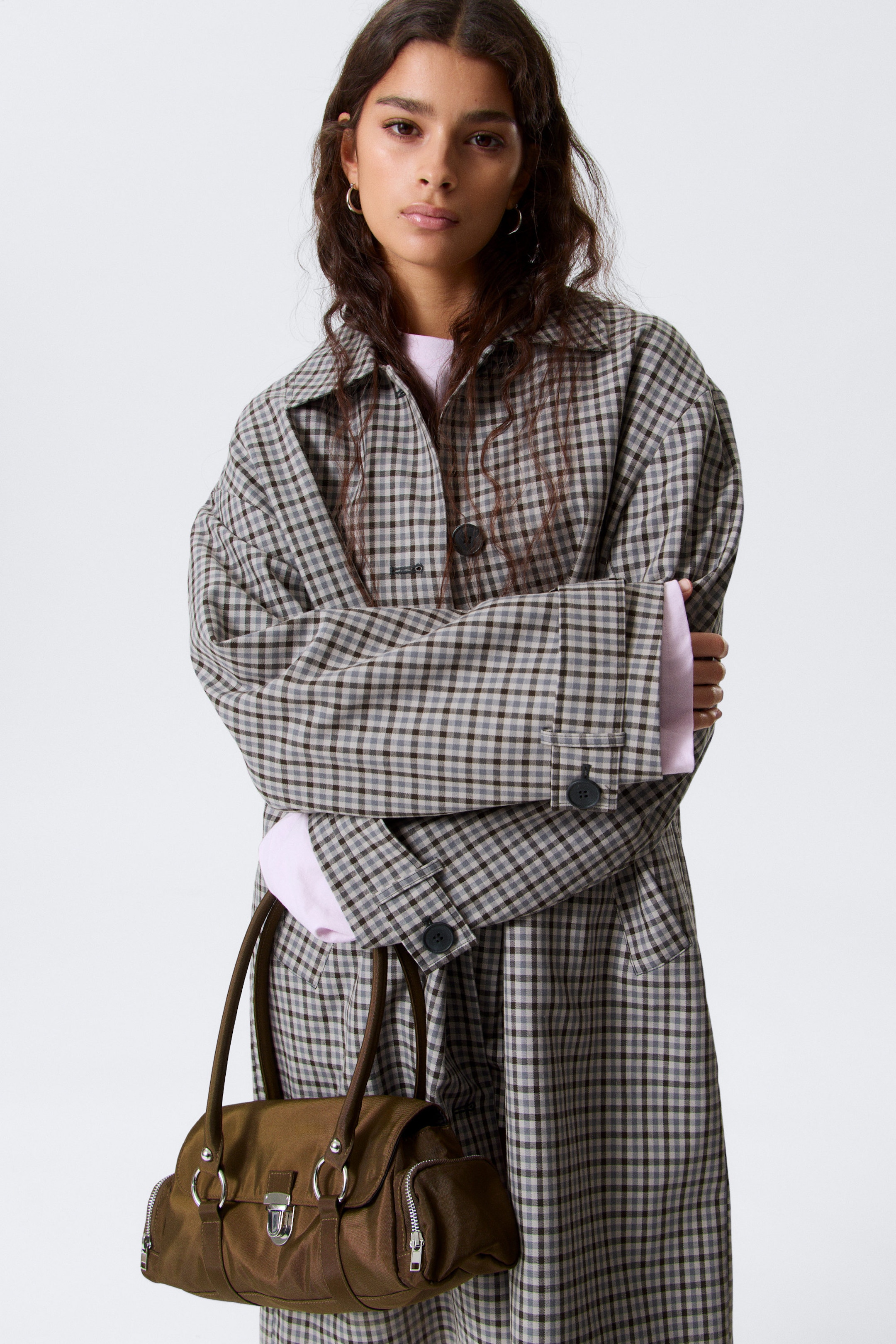 Checked Grey - Relaxed Single-Breasted Car Coat - 1