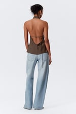 Striped Brown - Draped Halter Cowl-Neck Top - 2