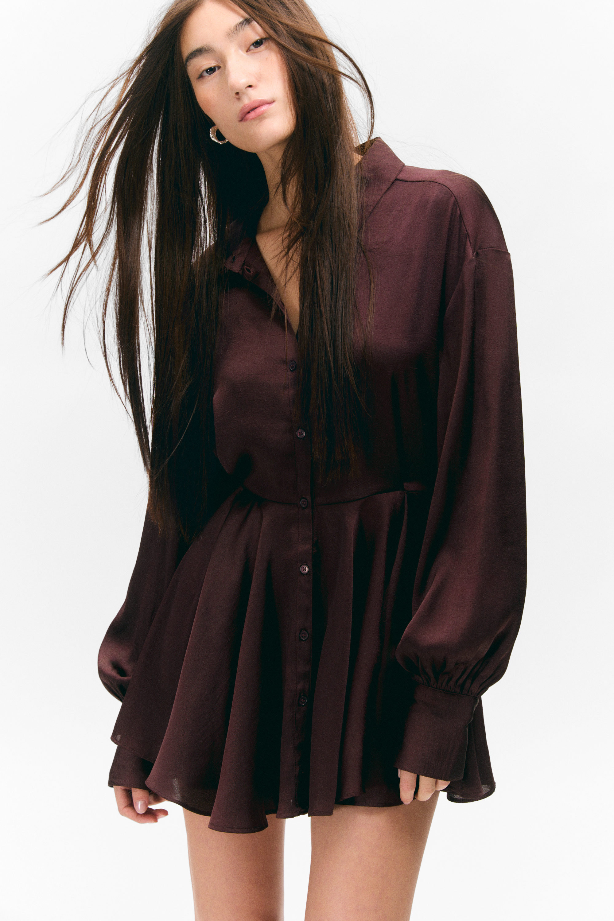 Dark Plum - Long-Sleeved Fit-and-Flare Mini Dress - 1