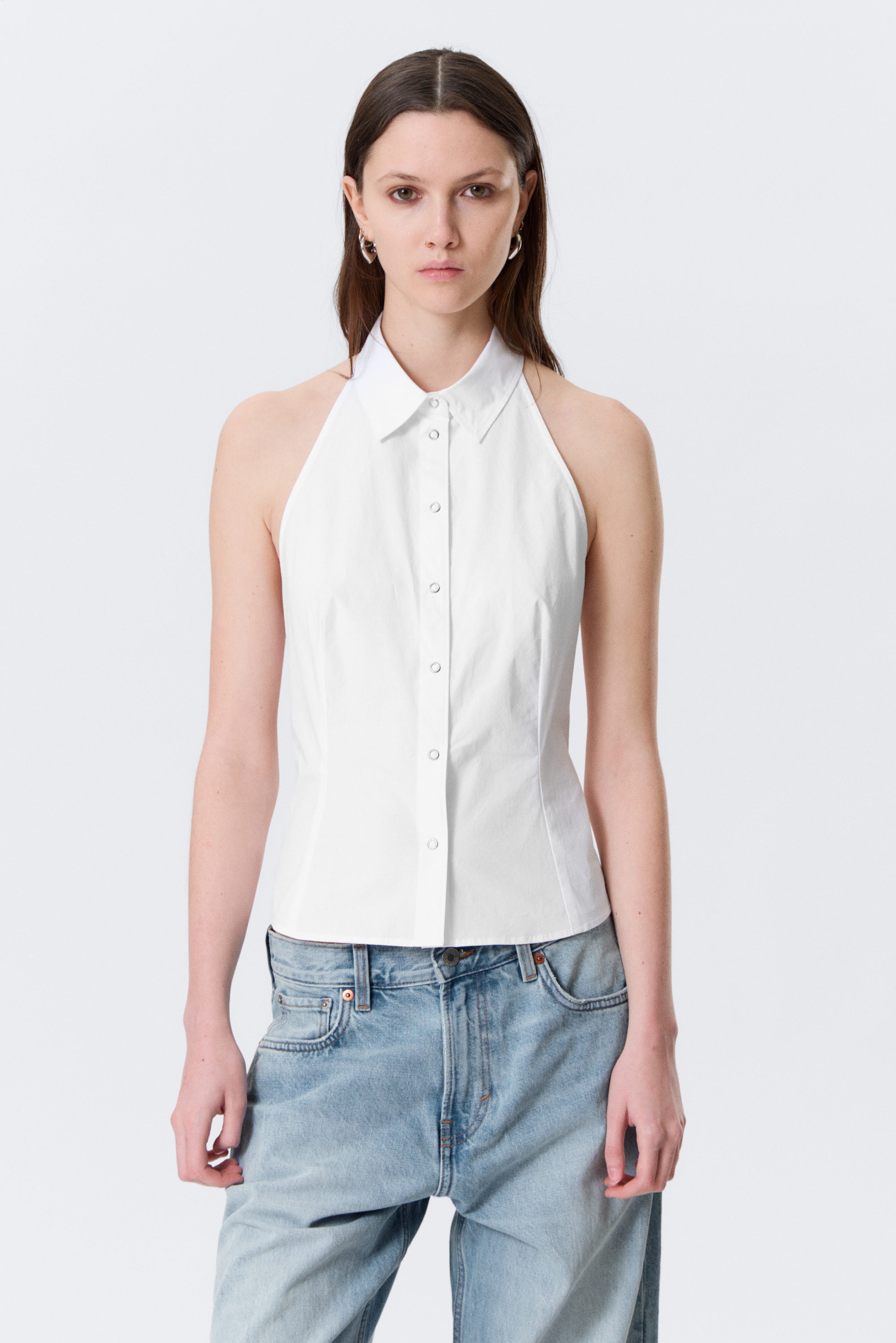 White - Sleeveless Halterneck Shirt Top - 1
