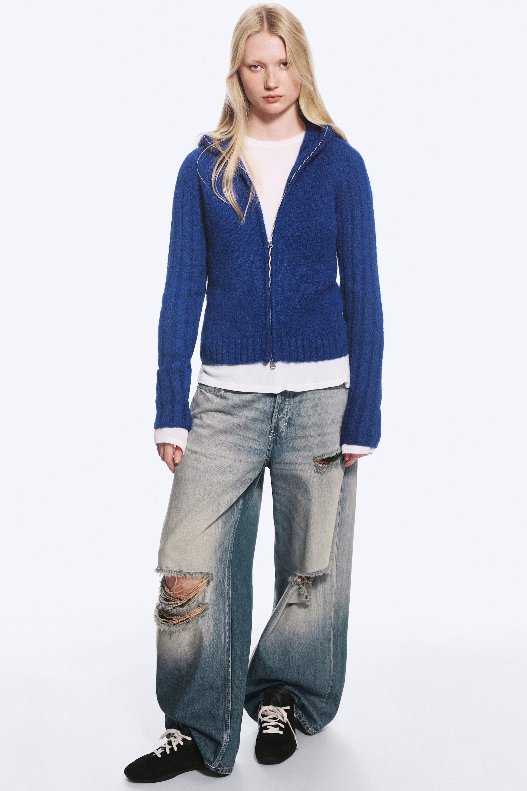 Blau meliert - Gestrickter Zip-Hoodie - 2