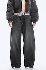 Hematite Black - Black - Dunno Way Unisex Low Rise Loose Barrel Jeans - 2