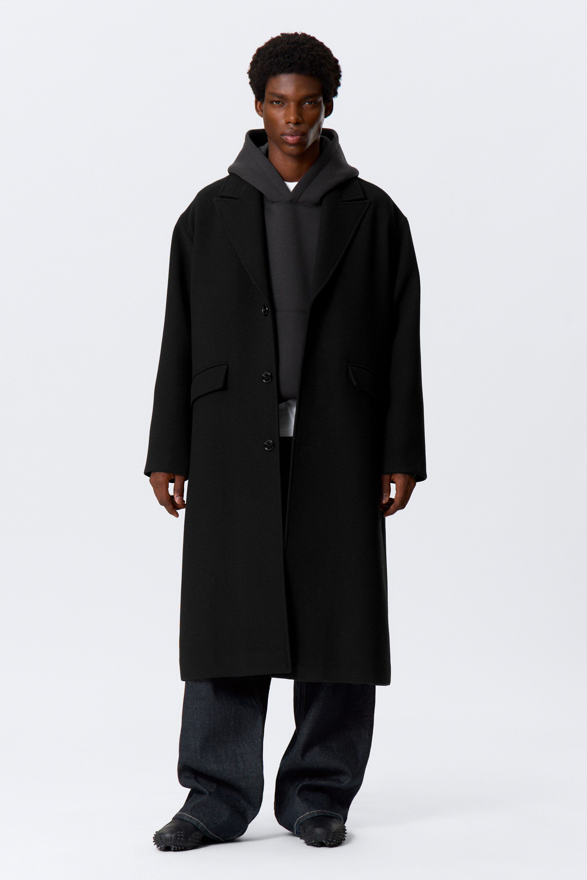 Black - Oversized Single-Breasted Wool Blend Coat - 1
