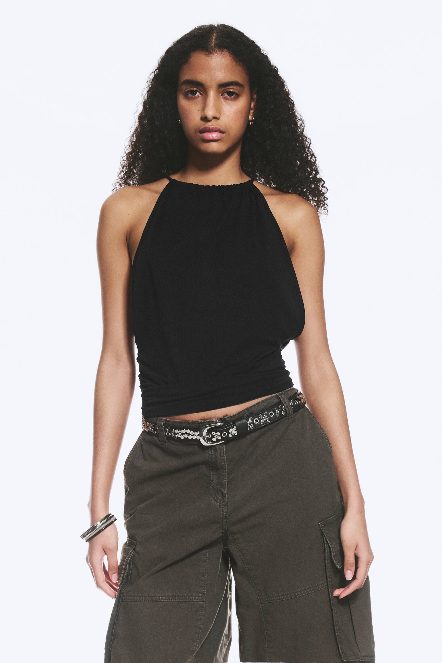 Haut sans manches froncé à col halter - Noir/Vert kaki cendré - 1