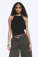 Schwarz - Ärmelloses Neckholder-Top mit Raffungen - 0