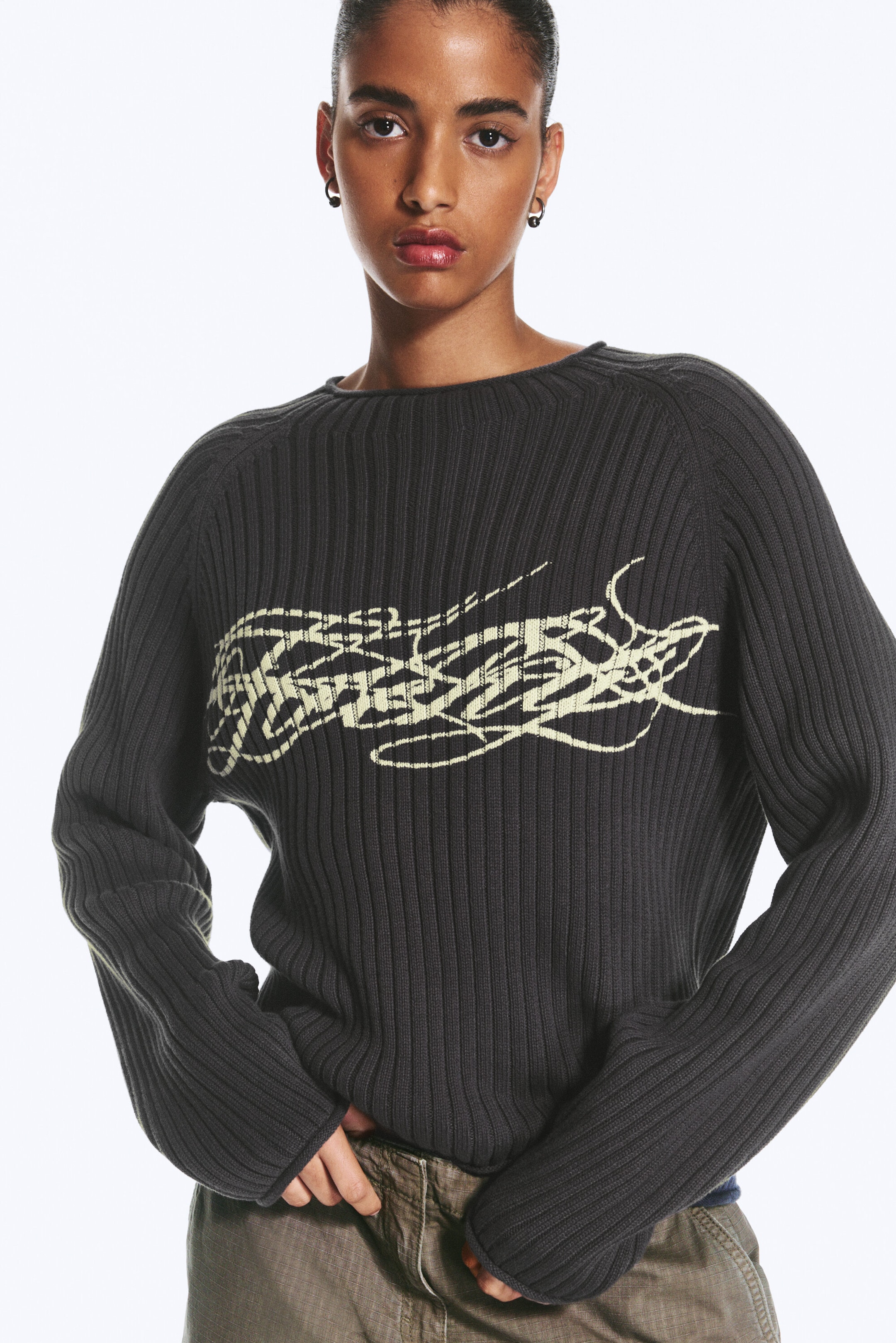 Dark Grey - Printed Cotton Rib Sweater - 1