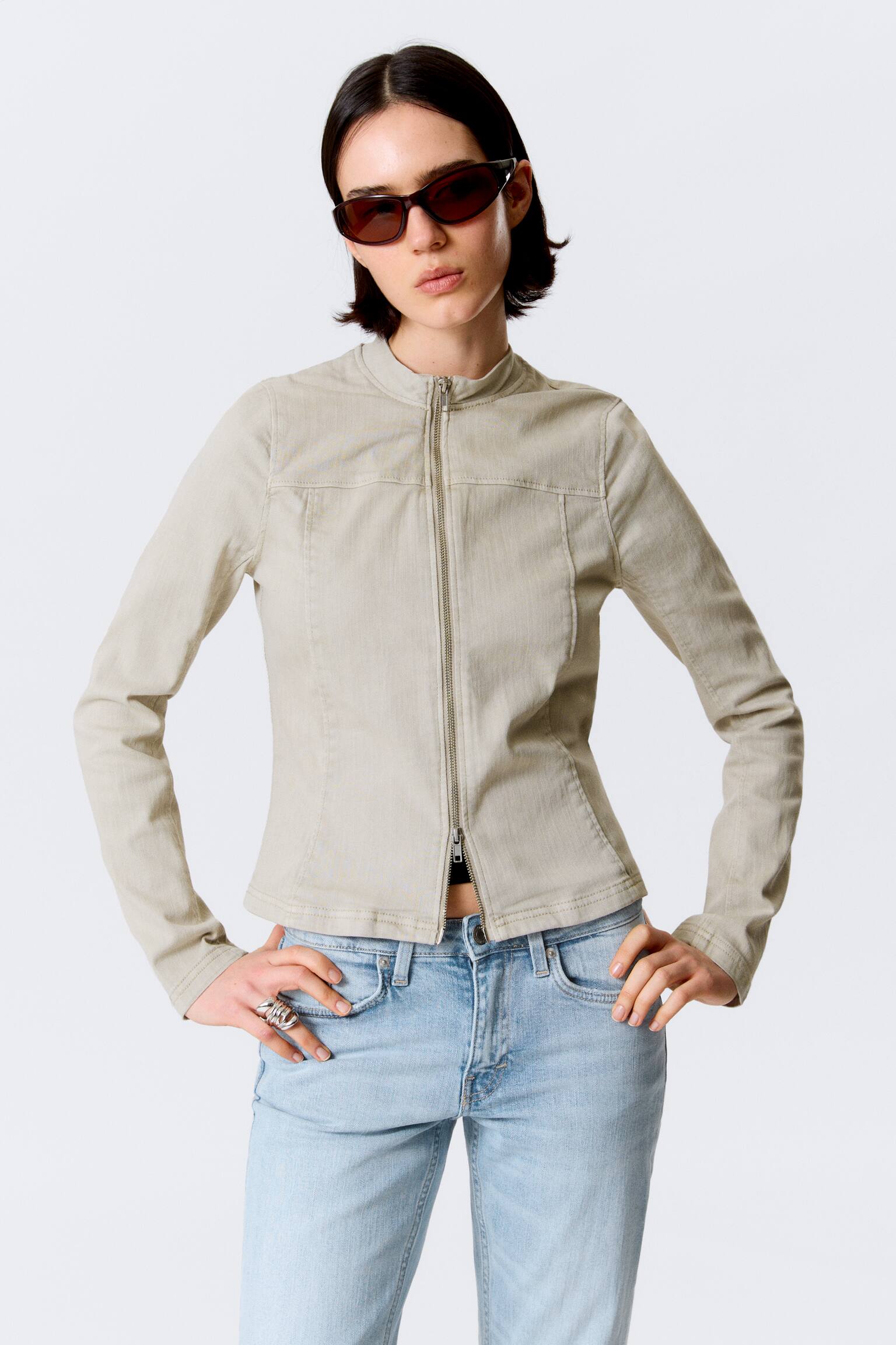 Tight Structured Cotton Zip Jacket - Light Beige/Dark Grey/Dark Grey - 3