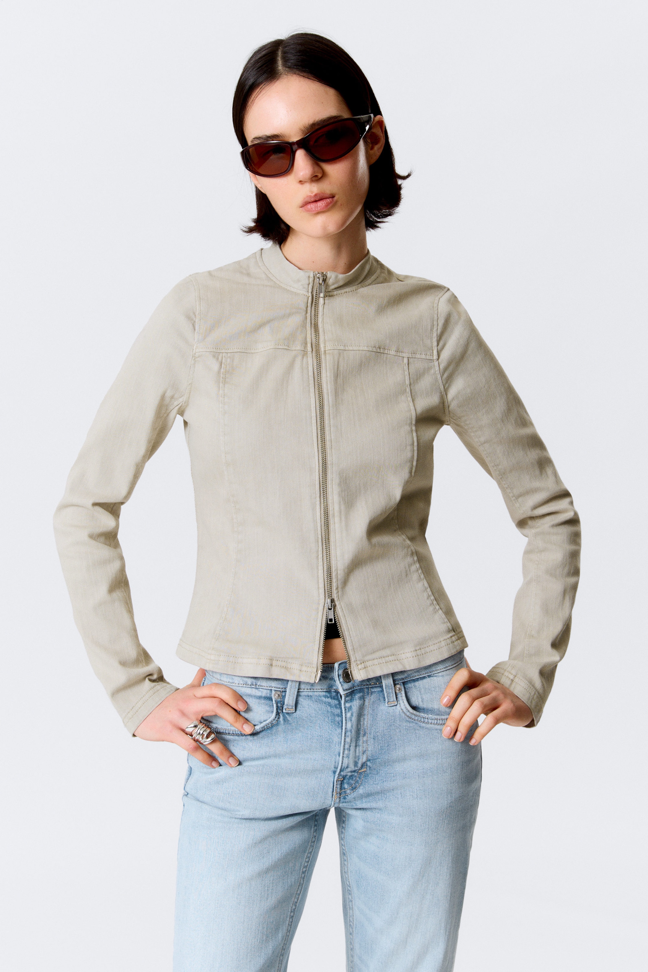 Light Beige - Tight Structured Cotton Zip Jacket - 2