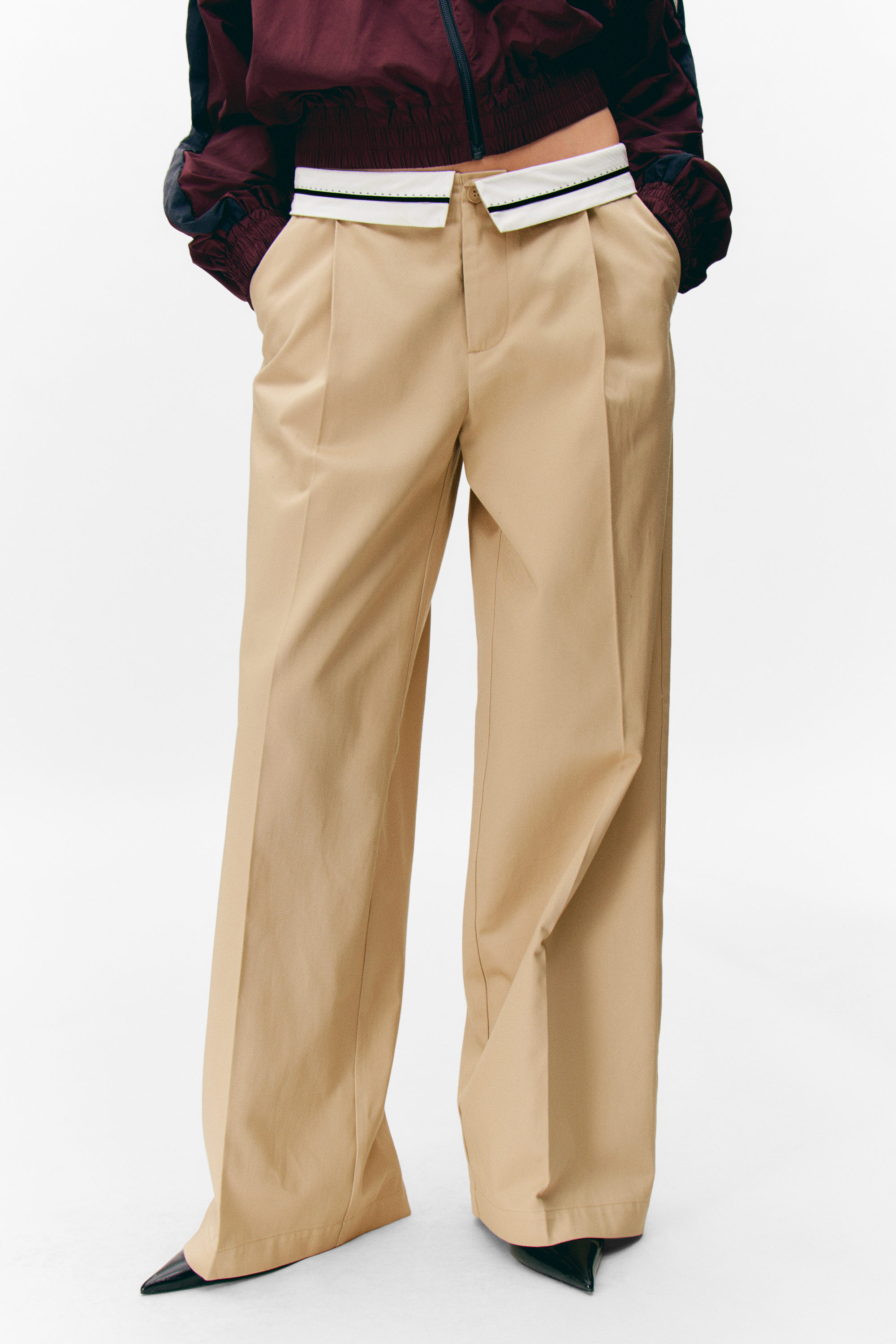 Beige - Low Rise Folded Waist Twill Trousers - 2