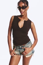 Dark Brown - Slim V-neck Sleeveless Top - 0
