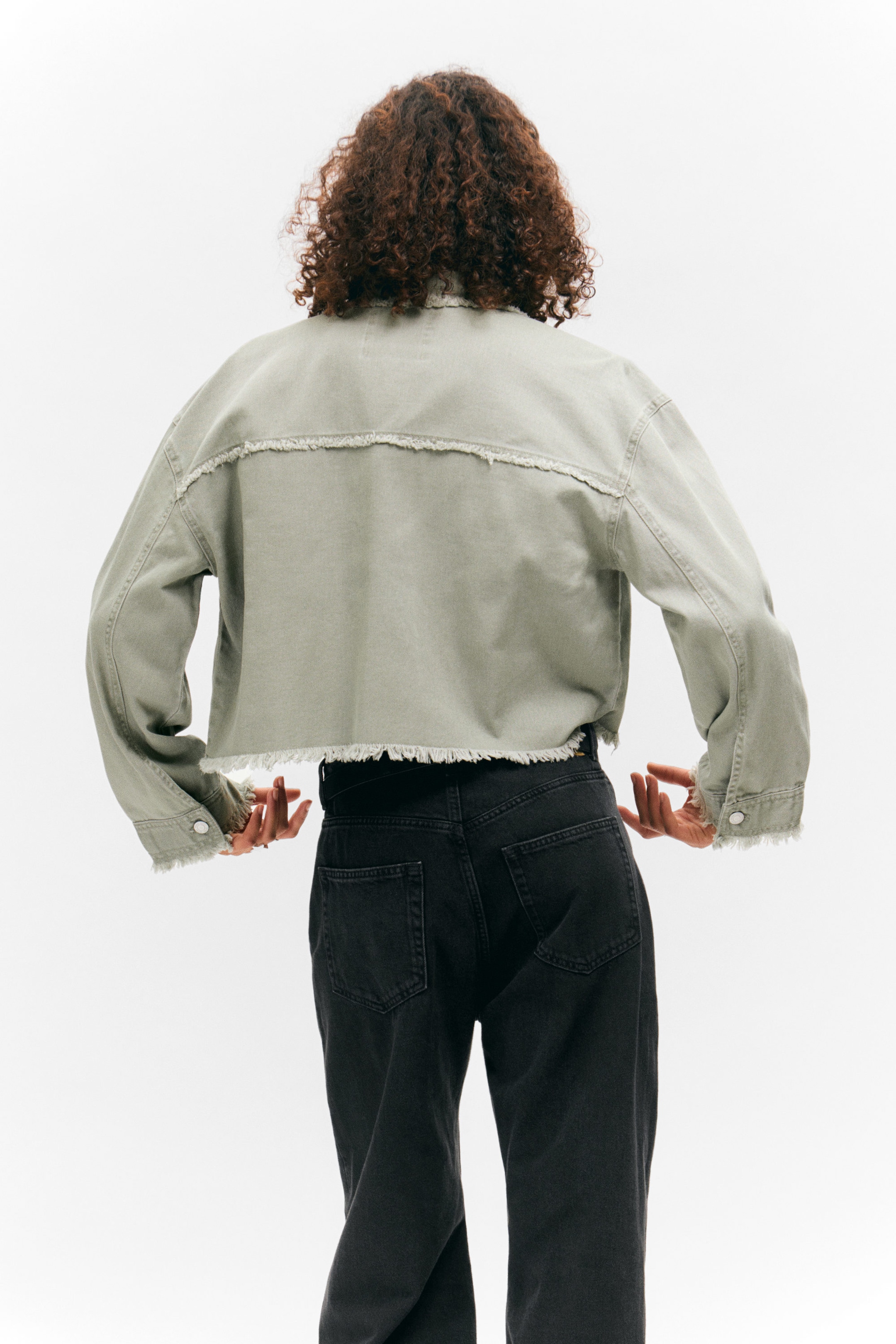 Khaki Green - Cropped Boxy Twill Jacket - 3