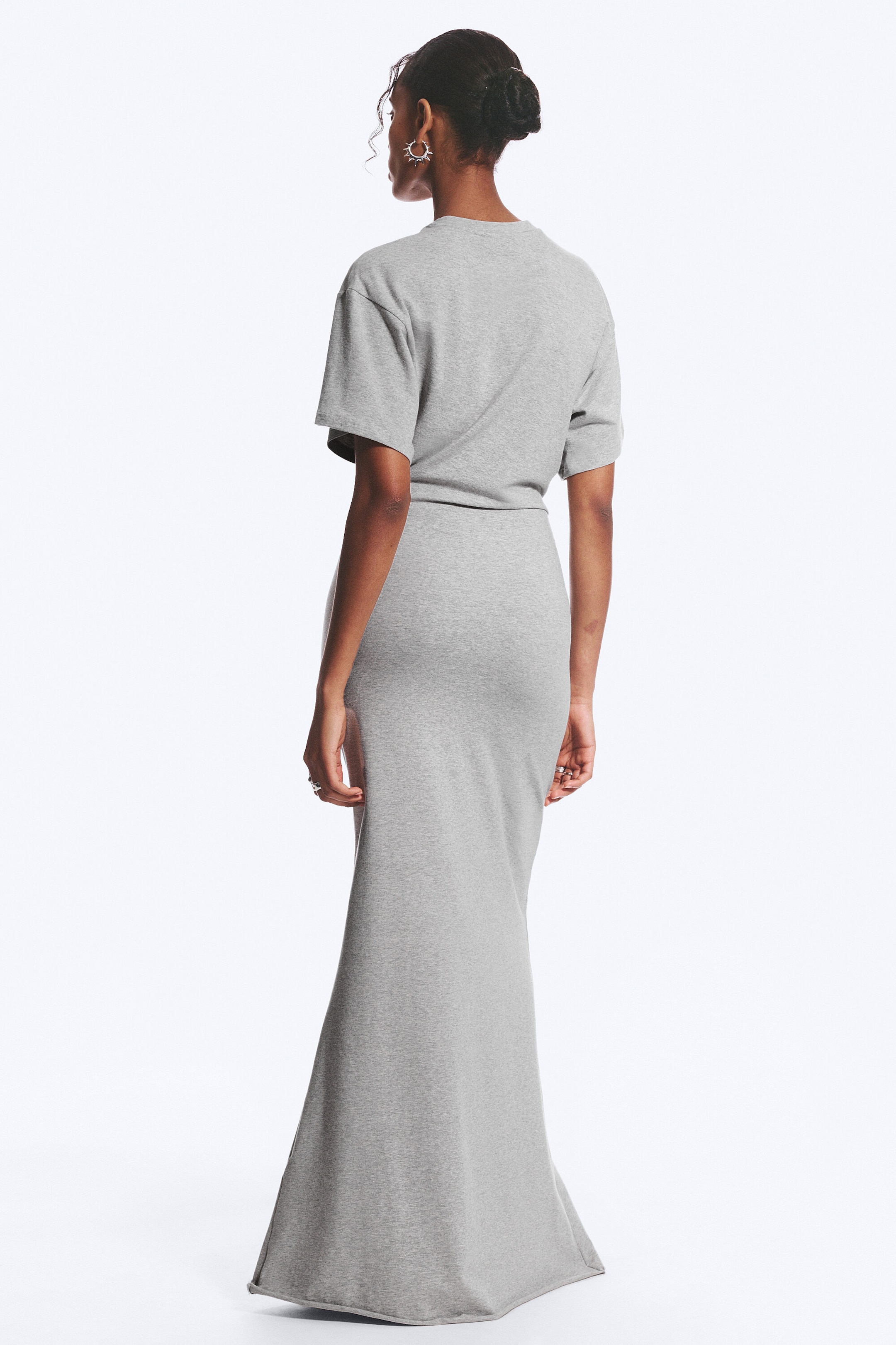 Light Dusty Grey Melange - Gathered Short-Sleeved Maxi Dress - 3