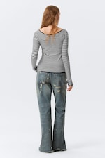 Black & White Stripes - Long-Sleeved Slim Fit Scoop Neck Top - 2