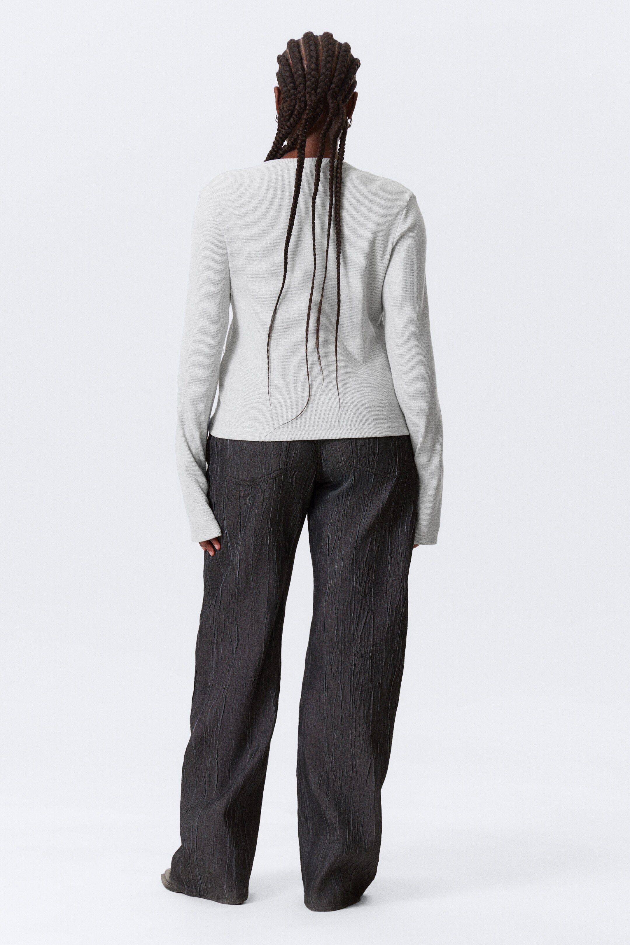 Vis større bilde: Langermet Henley-topp i vaffelstruktur - Gråmelert - DAME | H&M NO 4