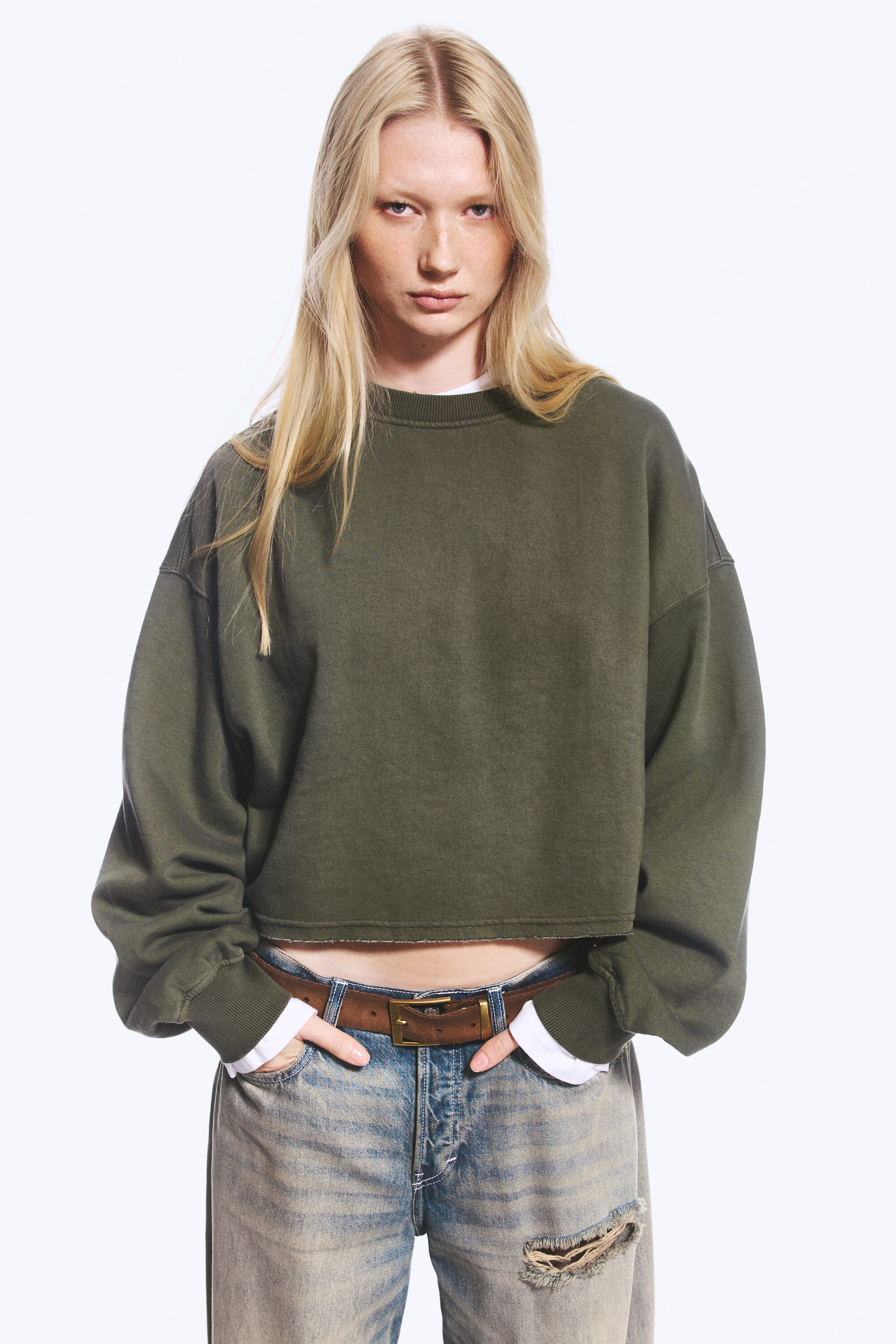 Washed Dark Khaki Green - Cropped Oversized Sweatshirt
