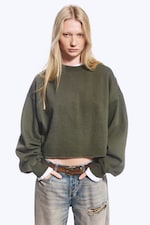 Washed Dark Khaki Green - Cropped Oversized Sweatshirt - 0