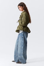 Khaki Green - Slim Ruched Peplum Bomber Jacket - 2