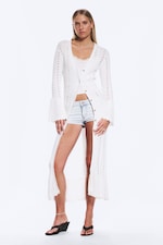 White - Long Frilled Knitted V-neck Cardigan - 0