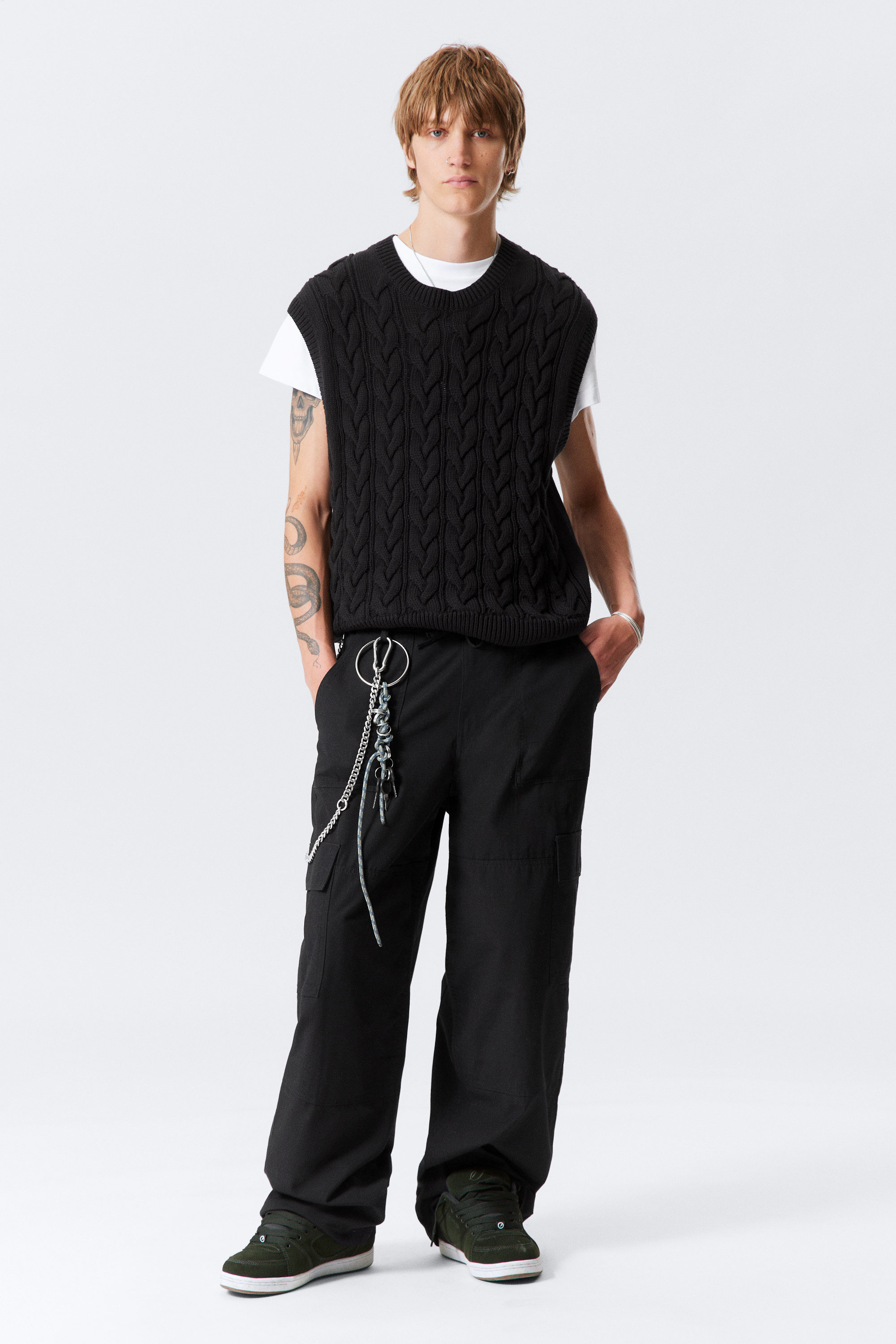 Black - Cable Knit Cotton Vest - 2