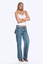 Medium Blue - Imoo Cut Low Rise Loose Wide Leg Jeans - 1