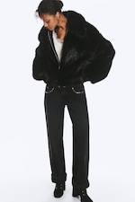 Black - Faux Fur Zip Jacket - 0