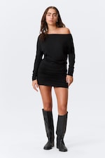 Black - Draped Asymmetric Long-Sleeved Mini Dress - 0