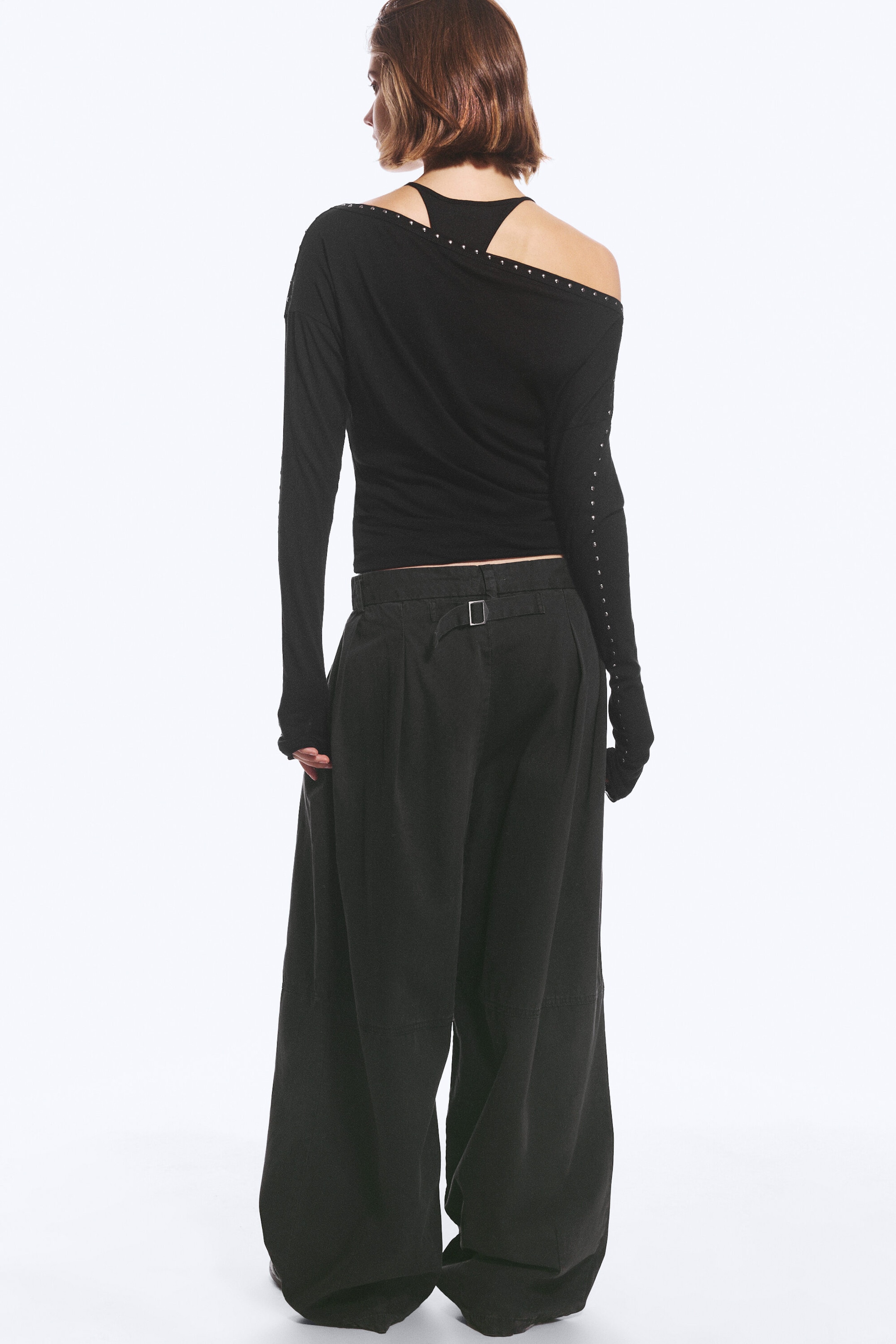 Black - Studded Off-Shoulder Long-Sleeved Top - 2