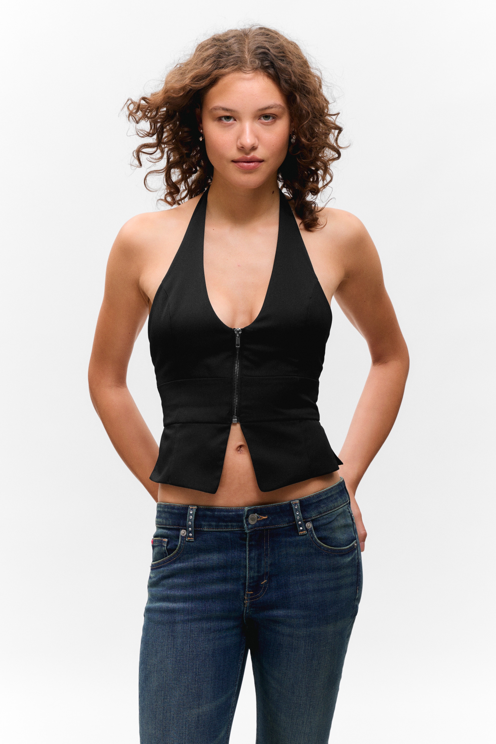 Strukturierte Neckholder-Weste mit Reißverschluss - Schwarz