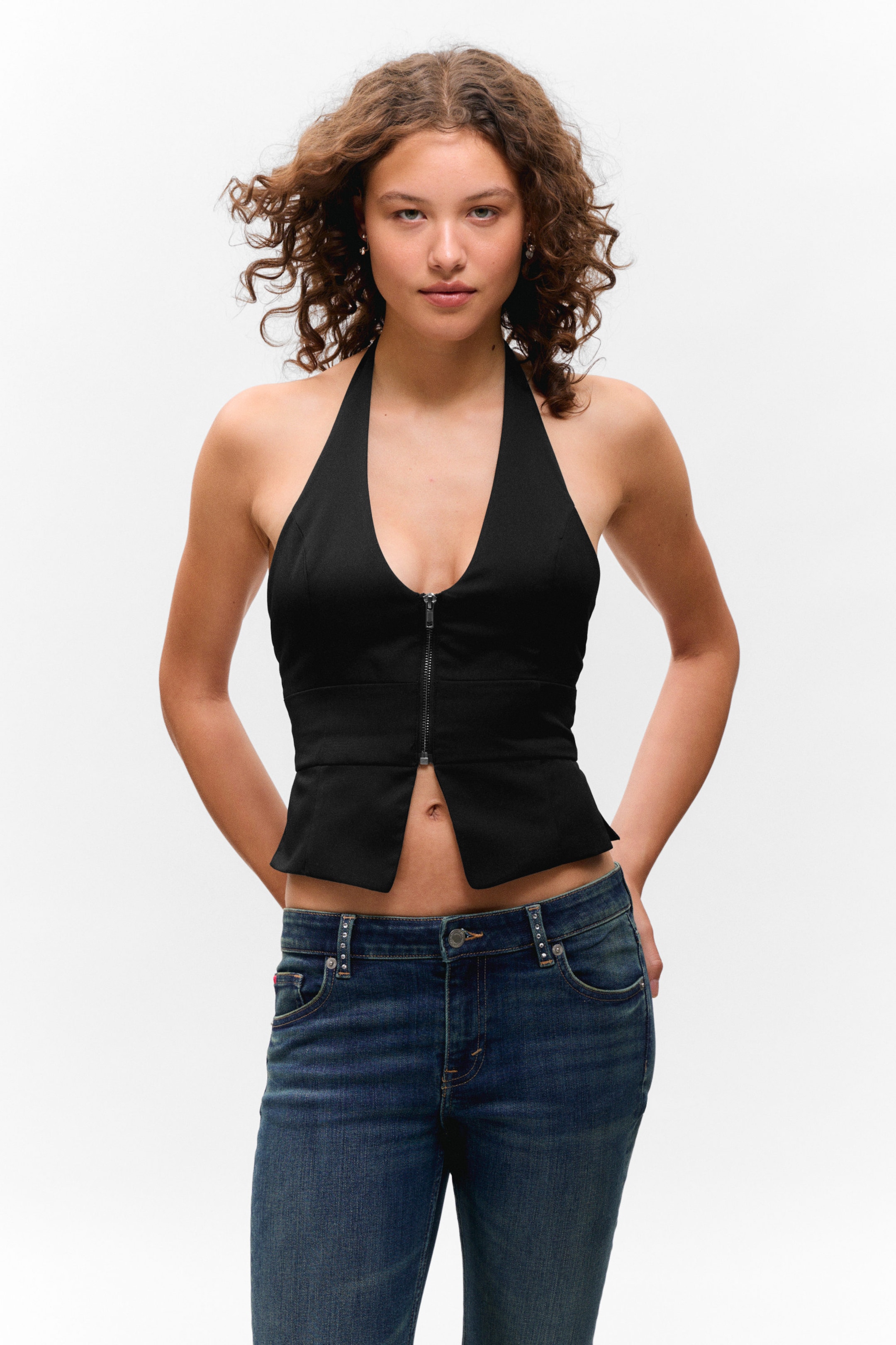 Schwarz - Strukturierte Neckholder-Weste mit Reißverschluss - 1