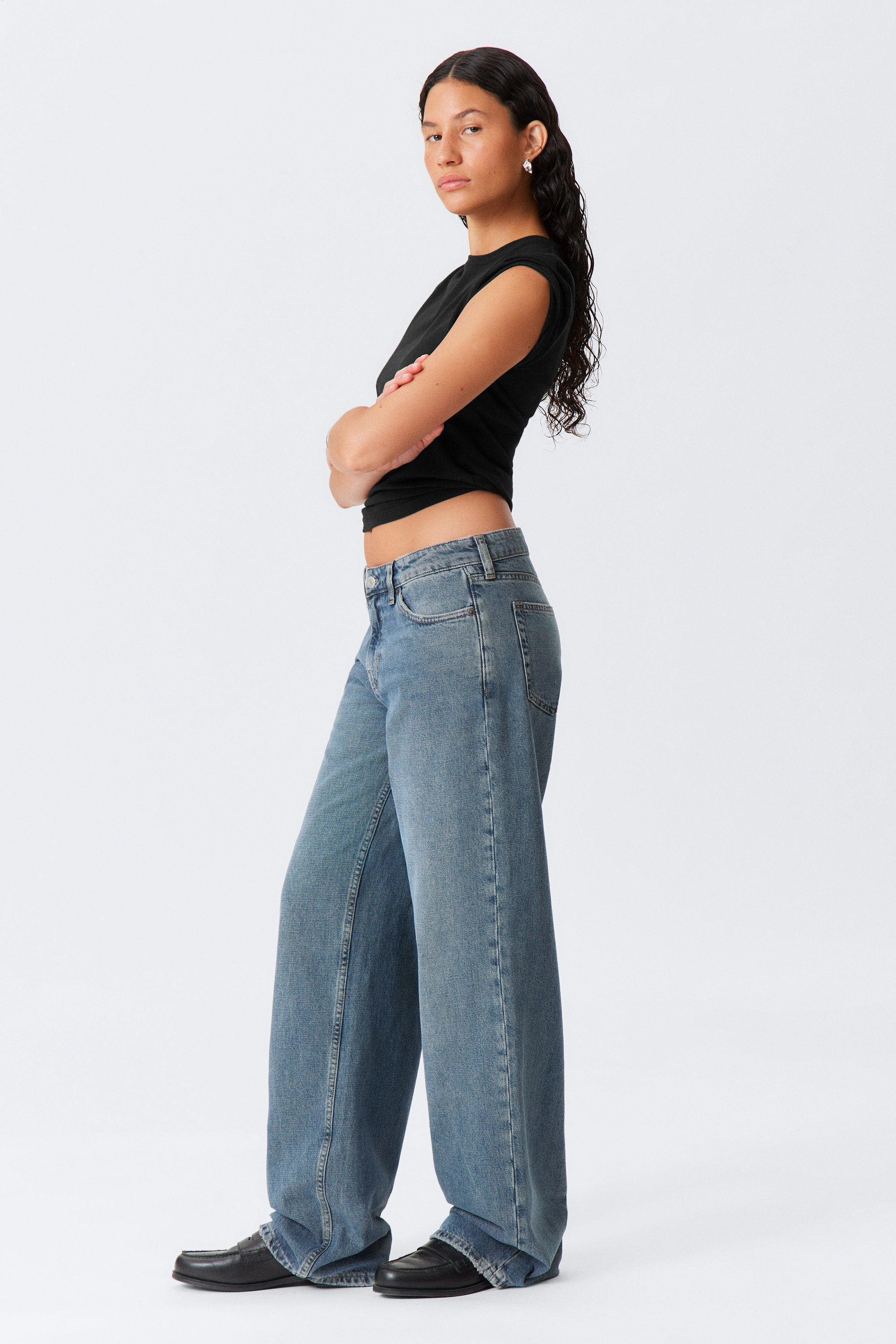 One Blue - Medium Blue - Ample Low Waist Loose Wide Leg Jeans - 3