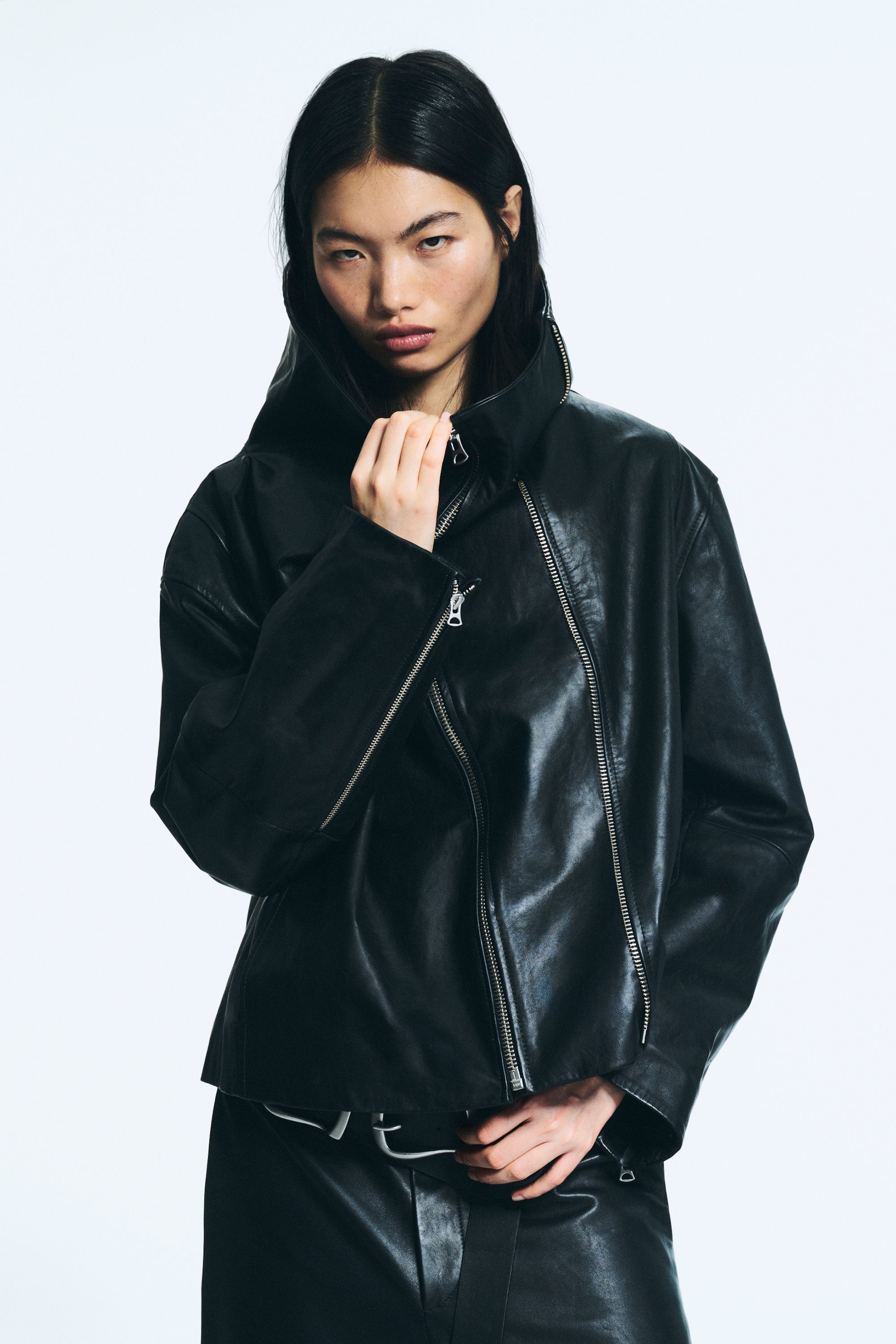 Noir - Veste en cuir à col montant - 2