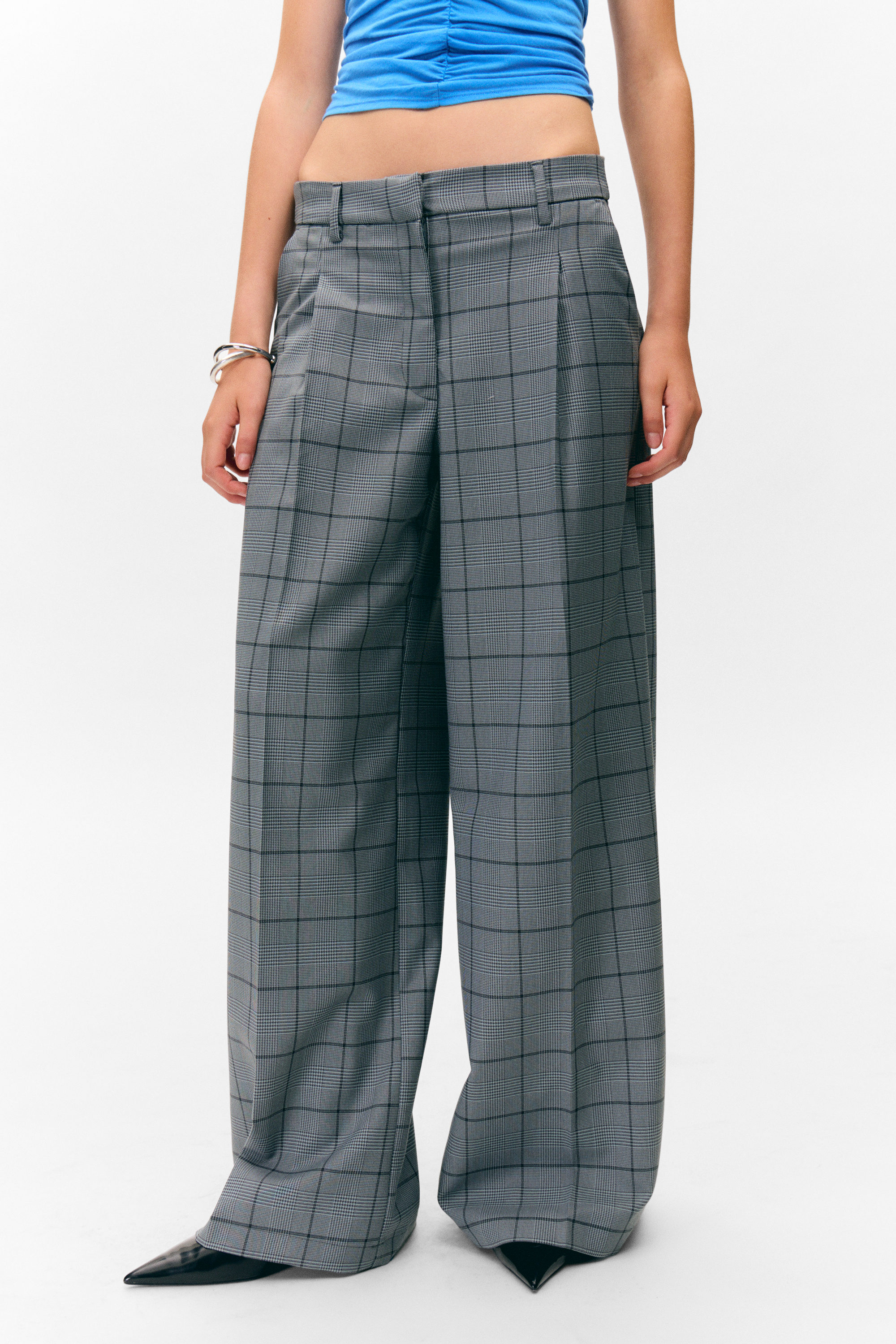 Checked Grey - Pleated High Waist Wide Leg Suiting Trousers - 2