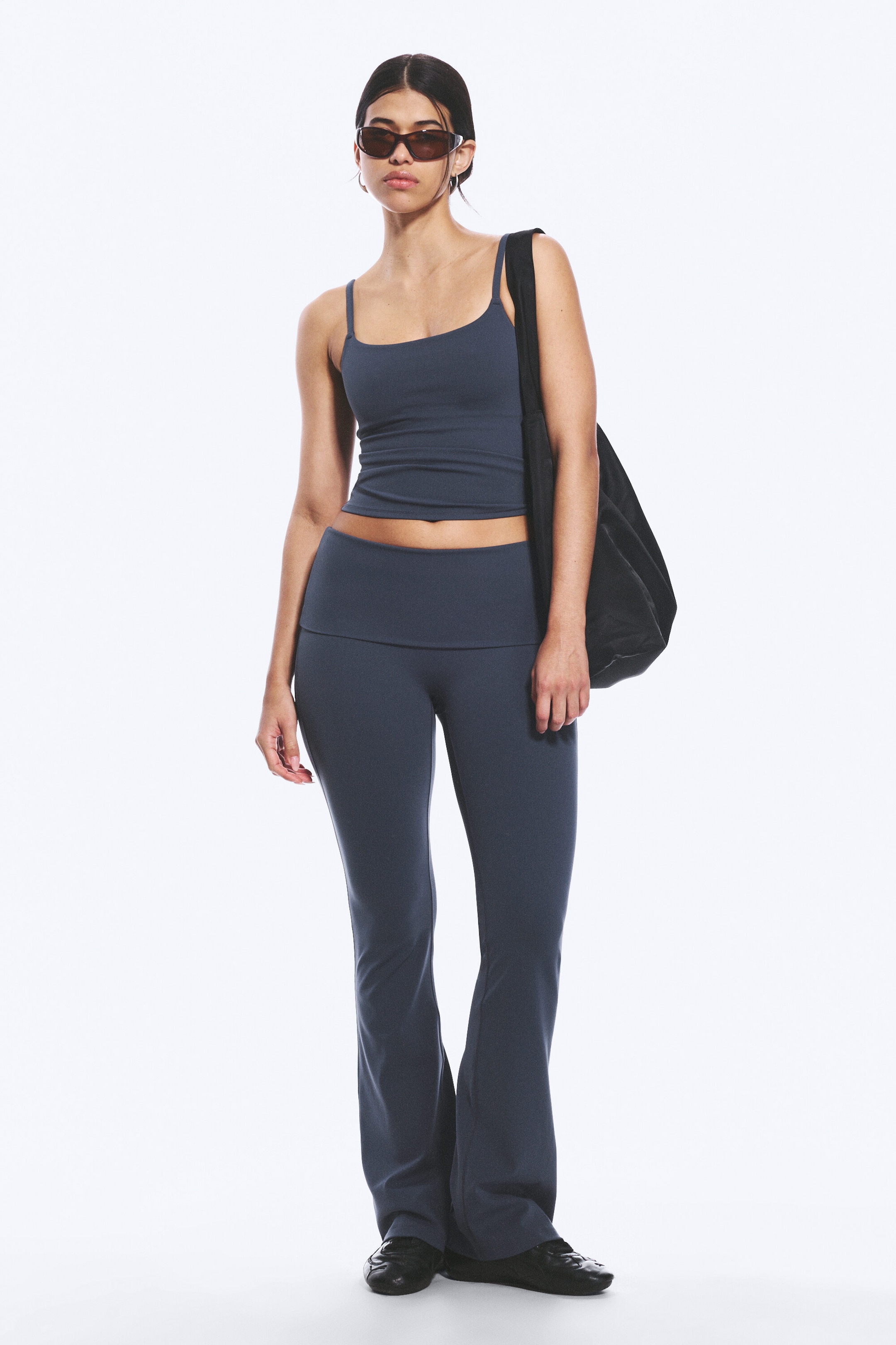 Dark Blue - Folded Waist Flared Yoga Tights - 0