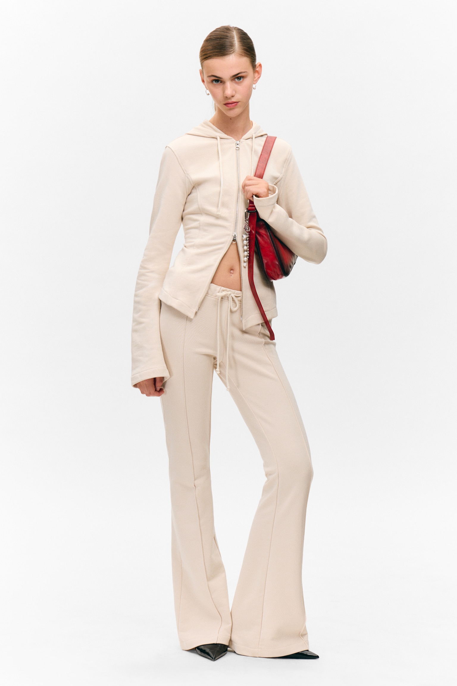 Mid Rise Pintuck Flared Sweatpants - Light Beige/Black