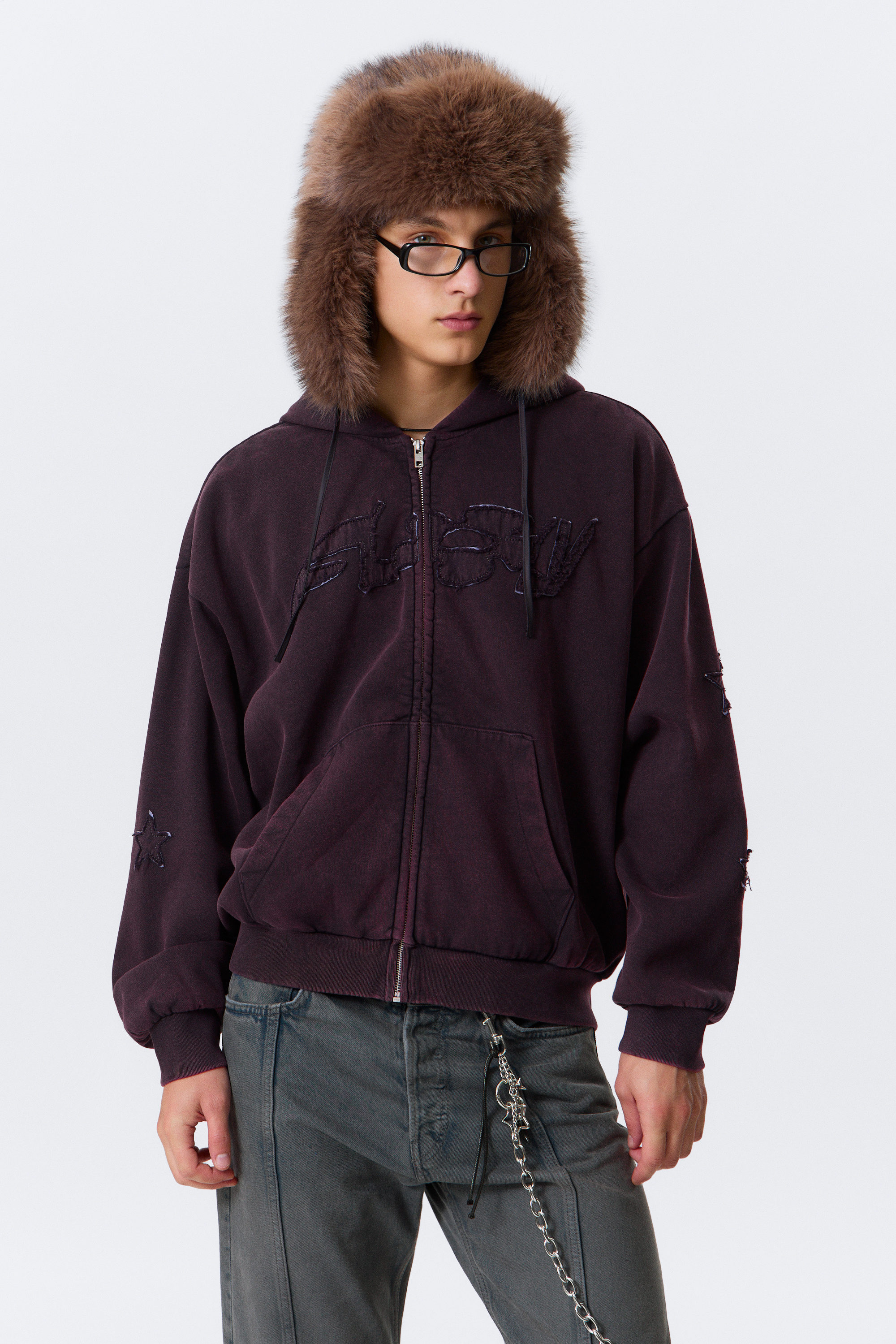 Burgundy - Square Graphic Zip Hoodie - 1