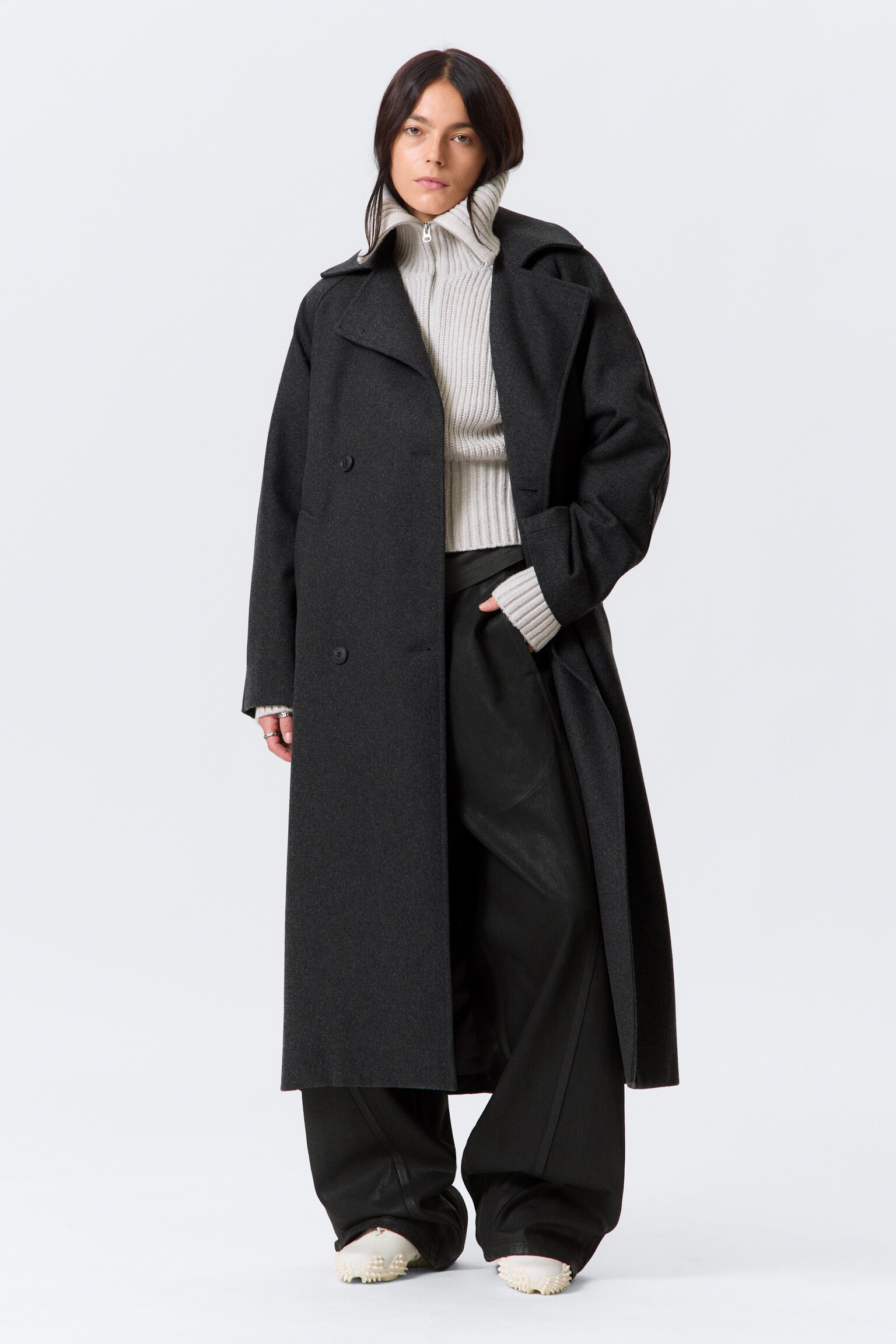 Παλτό Kia Oversized από Μείγμα Μαλλιού με Διπλό Κούμπωμα - Σκούρο Γκρι Μελανζέ/Σκούρο Καφέ Μελανζέ/Μαύρο/Ανοιχτό Μπεζ