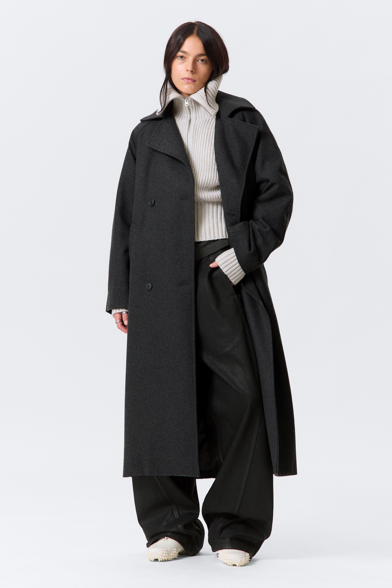 Kia Zweireihiger Oversize-Mantel aus Wollmischung - Dunkelgrau meliert/Helles Beige/Schwarz