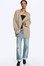 Støvet beige - Oversized V-hals cardigan - 0