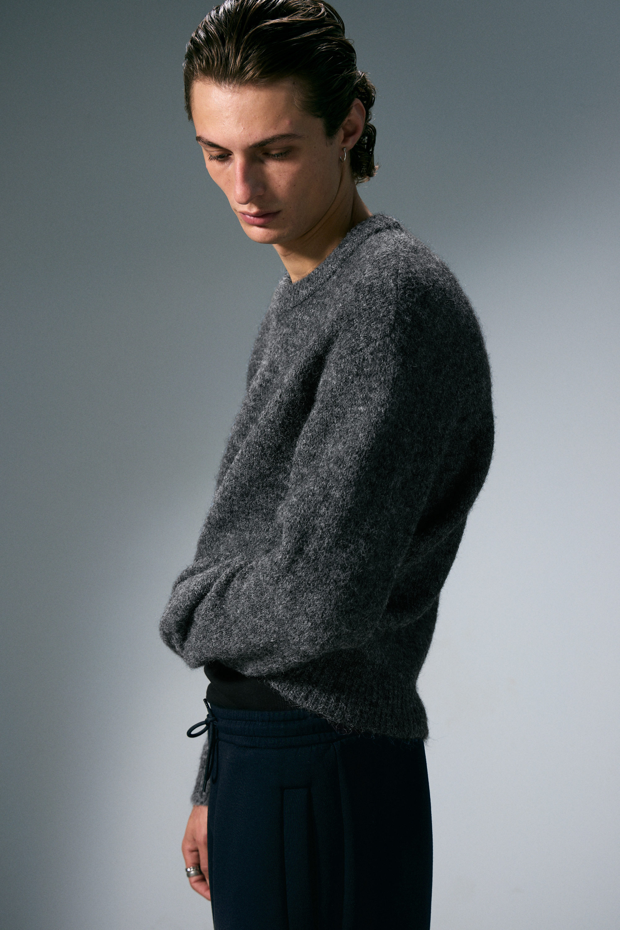 Dark Grey - Regular Knitted Wool-Blend Sweater - 1