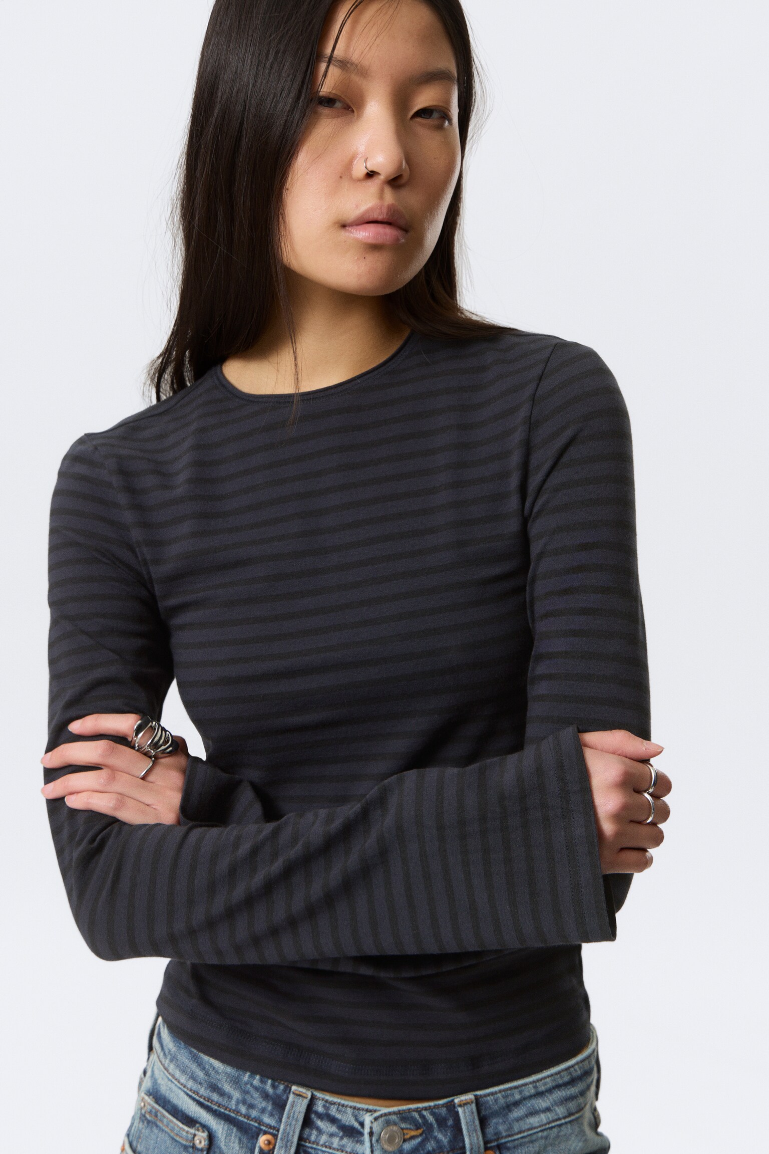Long Sleeve Cotton Top - Striped Dark Blue/Dark Brown/Black/Striped Dark Green - 4