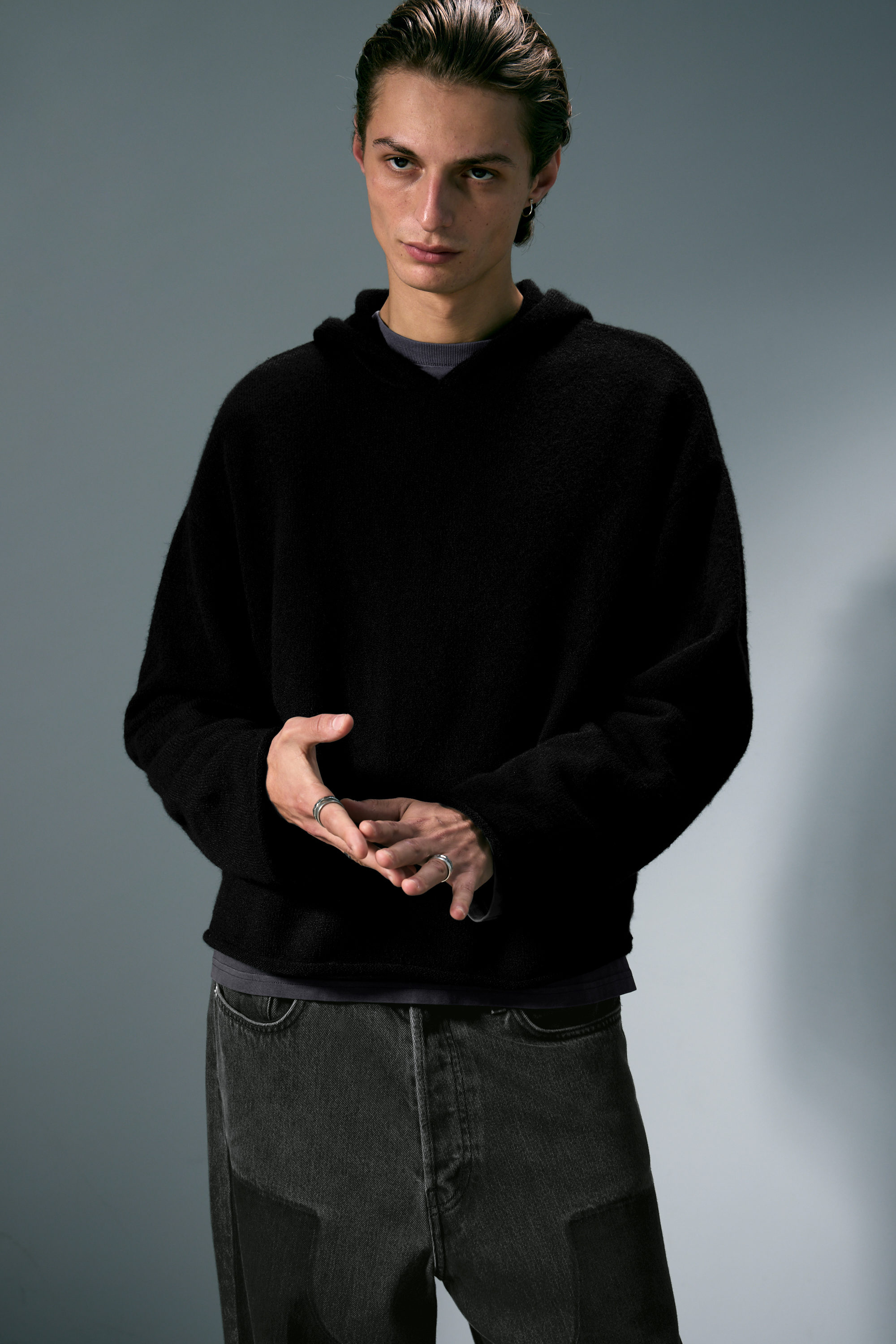 Black - Relaxed Knitted Hoodie - 1