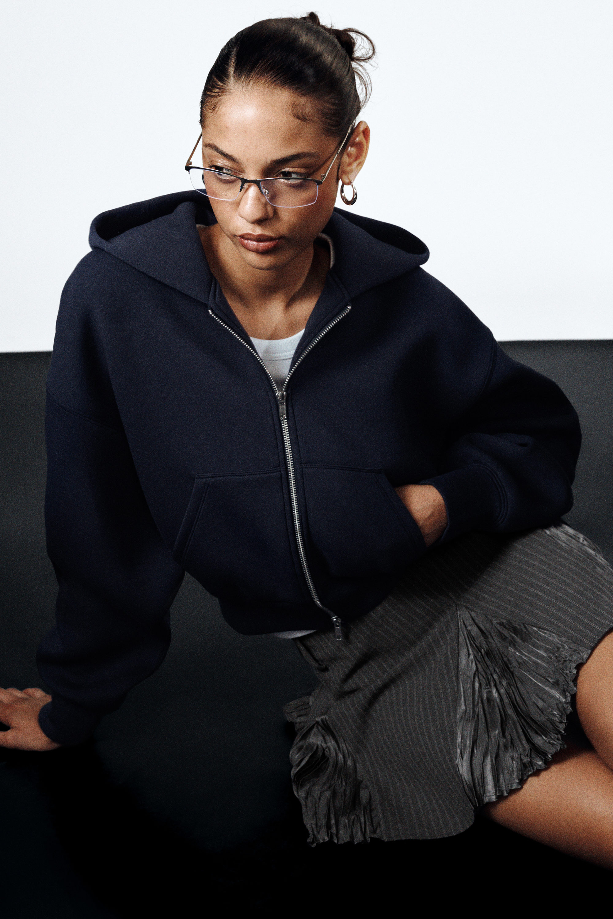 Mörkblå - Zip-hoodie i lös passform - 1